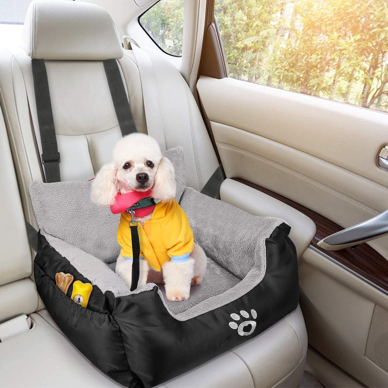 GoFirst Dog Car Seat for Small Dogs or Cats, Pet Booster Seat Travel Car Bed with Storage Pocket and Clip-On Safety Leash, Waterproof Warm Plush Dog Car Safety Seats,Black Black - PawsPlanet Australia