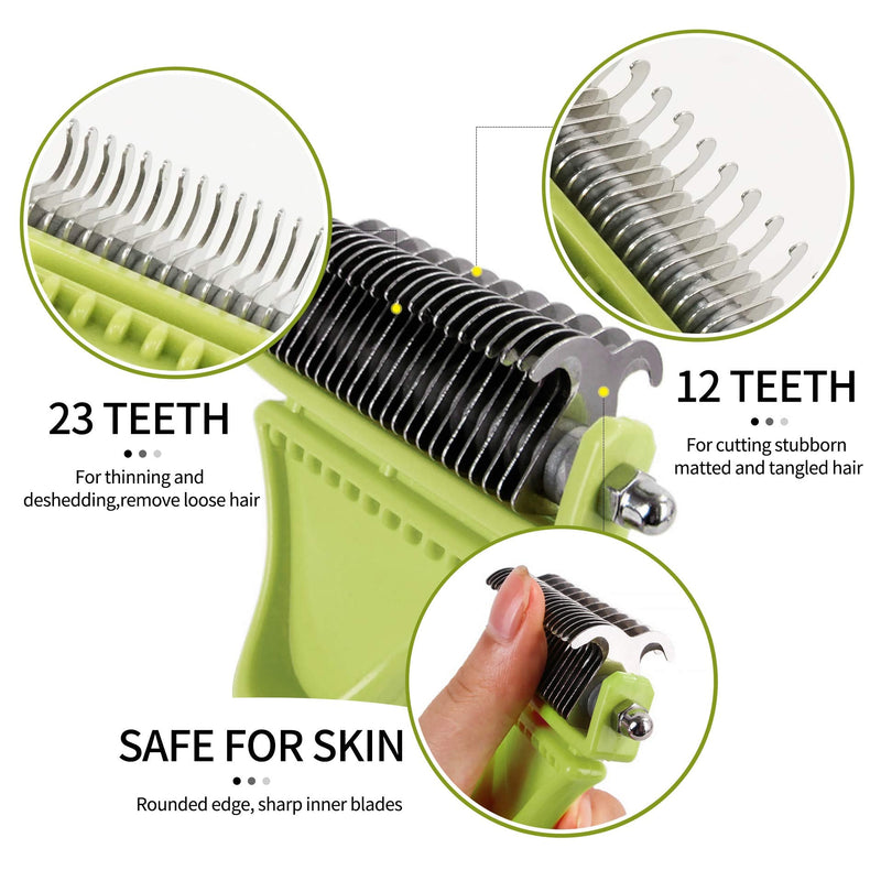 EASTLION Pet Grooming Dematting Comb Tool Kit,12+23 Teeth Double Sided Blade Undercoat Rake Brush,Remove Loose Matts Tangled Short Long Hair for Small Medium Large Dogs Cats Horses(Green) Green - PawsPlanet Australia