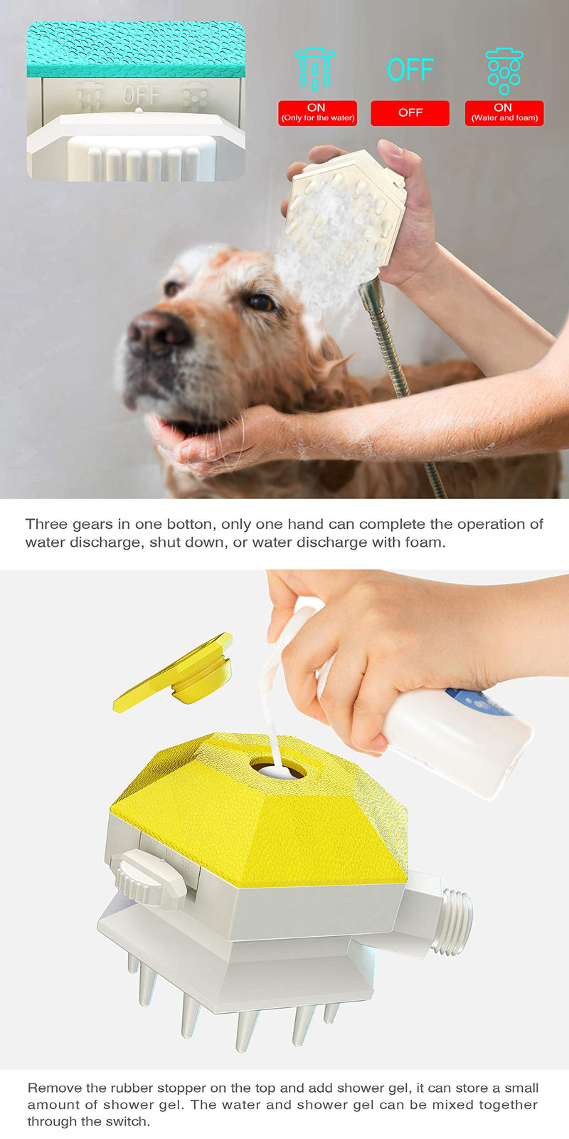 Johson Dog Shower Sprayer, Pet Brush Tool for Bathing Grooming Massage, Adjustable Hand Held Brush and Wipes 3 in 1, for Large Medium Small Dogs Cats Bath - PawsPlanet Australia