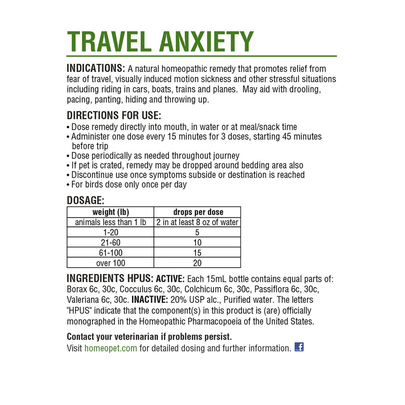 HomeoPet TRAVEL ANXIETY - 100% Natural Pet Medicine. Fear of travel and visually induced motion sickness for dogs cats rabbits birds. For pets of all ages. 15ml/up to 90 doses per bottle 1 15 ml - PawsPlanet Australia