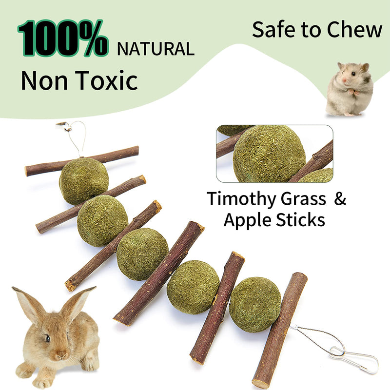 blu&ben Rabbit Chew Toys for Teeth Grinding Rabbit Toys Natural Apple Wood Sticks with Timothy Hay Balls Cage Accessories for Bunny Chinchillas Guinea Pigs, Hamsters, Small Pets - PawsPlanet Australia