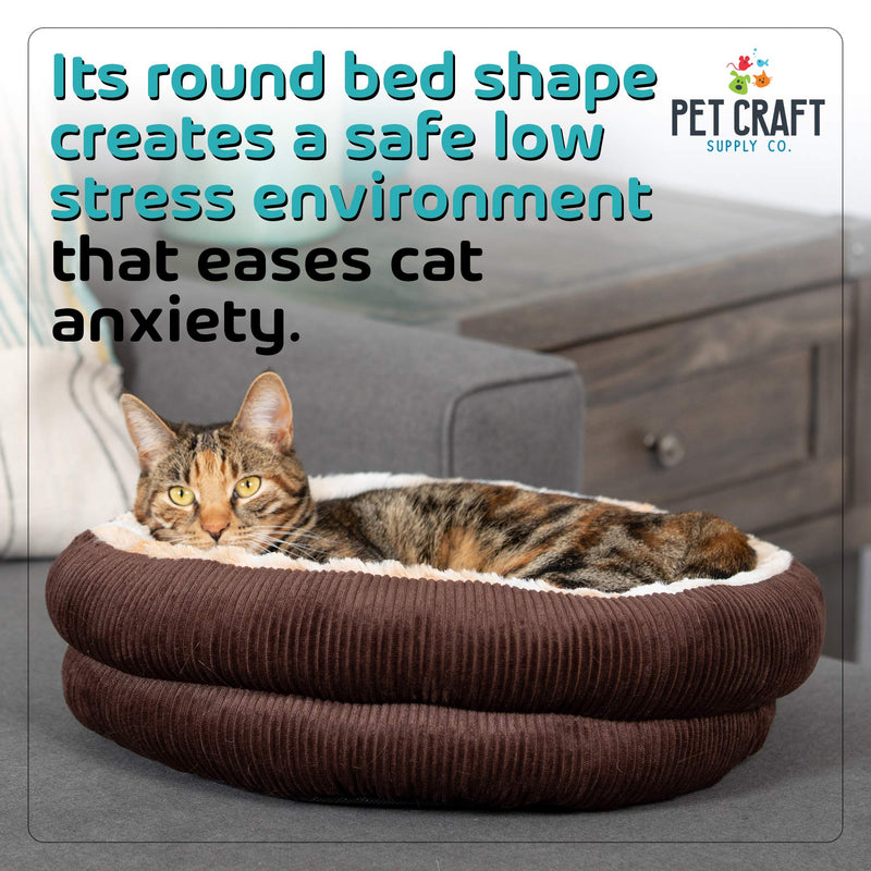 [Australia] - Pet Craft Supply Round Cat Bed - Cute and Comfortable Self Warming Plush Calming Cat Bed for Indoor Cats 