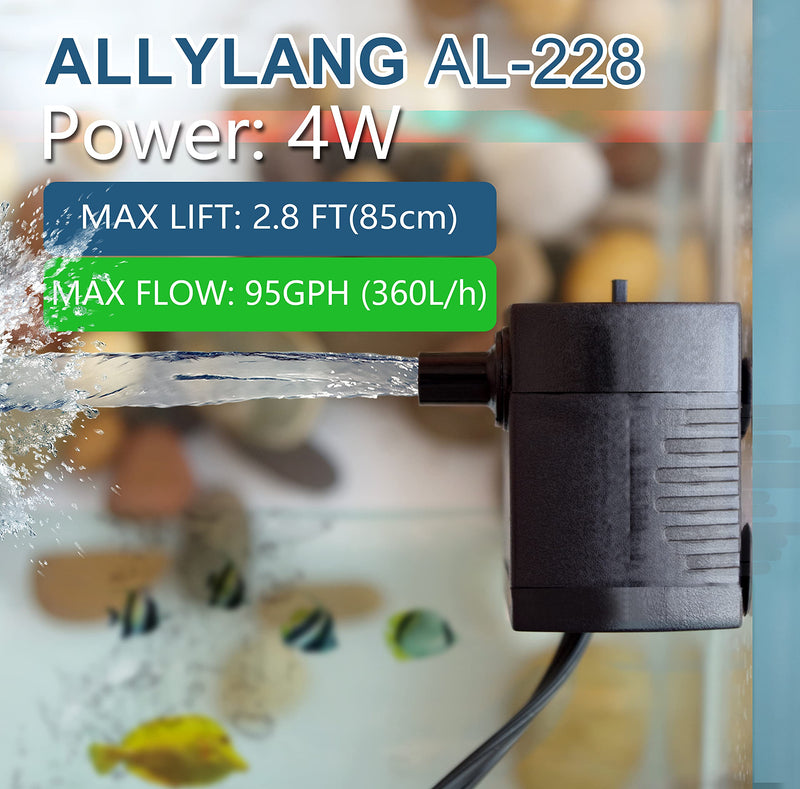 ALLYLANG Mini Aquarium pump, super quiet submersible pump (95GPH4W) for aquarium tanks, water gardens, hydroponic systems, desktop fountains and pet fountains 95GPH - PawsPlanet Australia