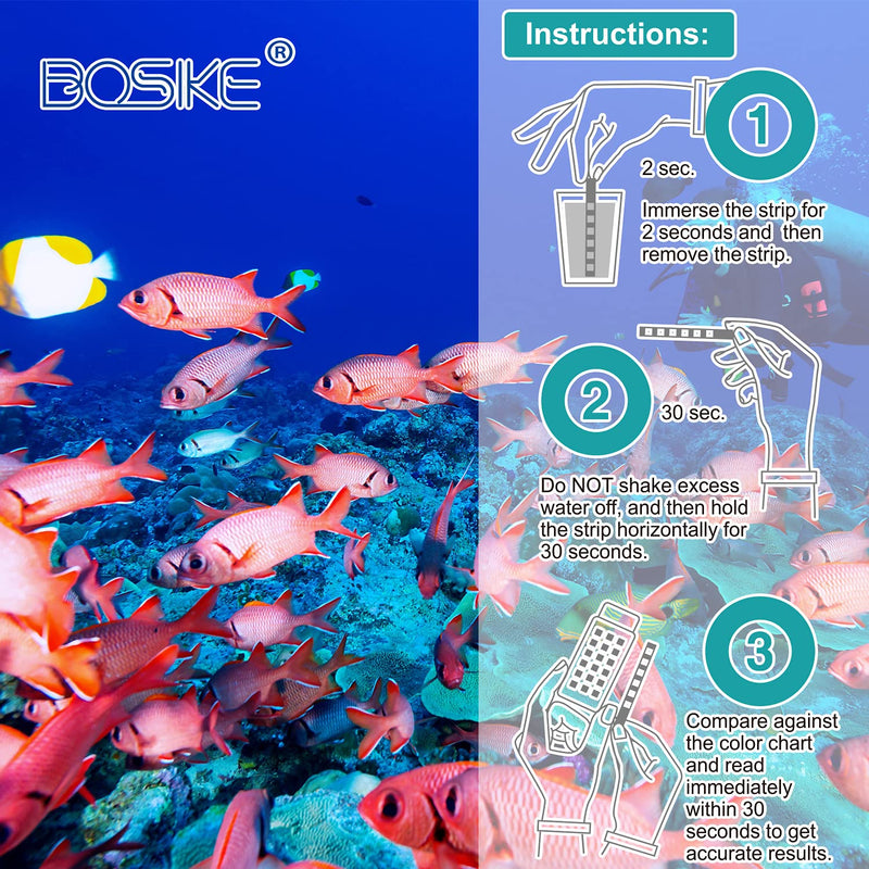 BOSIKE 6 in 1 Aquarium Test Strips Kit - 125 Fresh Water Fish Tank Testing Strips for Total Hardness, Nitrate, Nitrite, Cl2, Carbonate, Ammonia & ph Testing 125 Strips 6 in 1 - PawsPlanet Australia