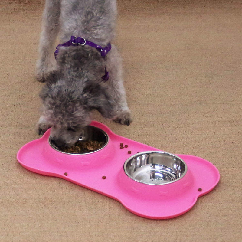 [Australia] - Super Design Double Bowl Pet Feeder Stainless Steel Food Water Bowls with No Spill Silicone Mat for Dogs Cats Small Pink 