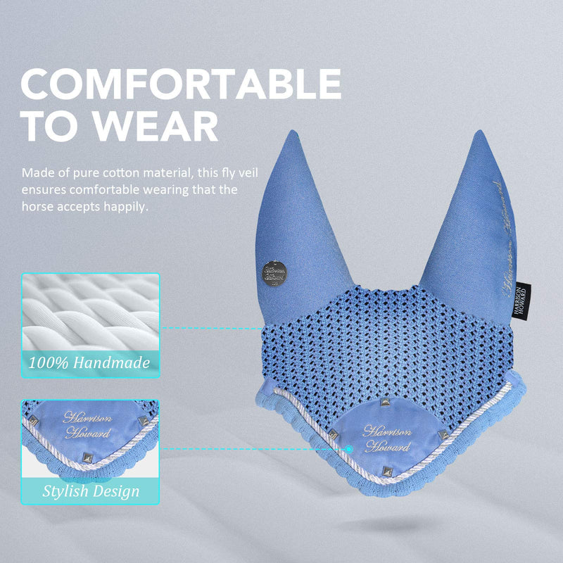 Harrison Howard Mission-on Rivet Elemented Fly Veil with Embroidery Accents-Cerulean with Classic Braid Cob (Medium) Cerulean with Classic Braid - PawsPlanet Australia