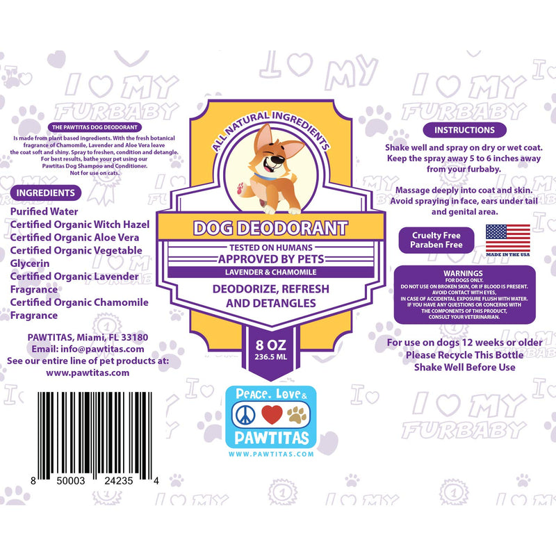 [Australia] - Pawtitas Dog Deodorant Spray a Fresh Perfume with Long Lasting Fragrance on Your Puppy Coat | Perfume for Dogs and Puppies with Essential Oils - 8 oz Dog Cologne. Lavender and Chamomile 