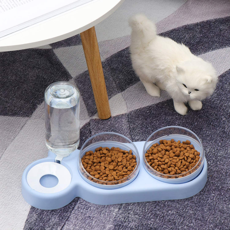 Triple Dog Cat Bowls Automatic Pet Feeder 15°Tilt and 360°Rotatable Double Food Bowl with Automatic Water Bottle Bowl Detachable Small and Medium Dogs and Cats Use (Blue) Blue - PawsPlanet Australia