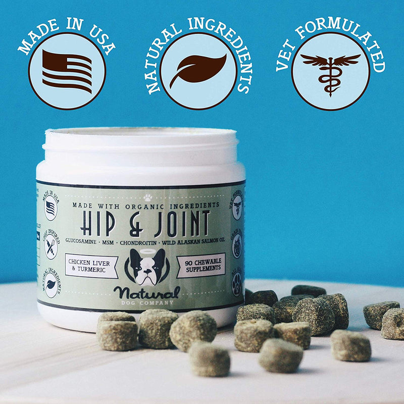 Natural Dog Company - Hip & Joint Supplement with Glucosamine, Chondroitin and Salmon Oil, Promotes Mobility and Joint Pain, Chicken Liver & Turmeric Flavor, 90 Chews - PawsPlanet Australia