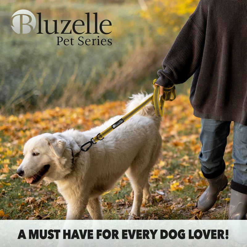 bluzelle Strong dog leash 3 m for large dogs up to 100 kg, extra robust 360° aluminum carabiner hook, rubberized double leash for 2 dogs, adjustable hands-free leash for hanging around the neck, color: yellow - PawsPlanet Australia
