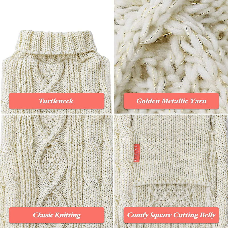 KYEESE Dog Sweaters with Golden Thread Turtleneck Dog Cable Knit Puppy Sweater for Cold Weather X-Small (Pack of 1) Beige - PawsPlanet Australia