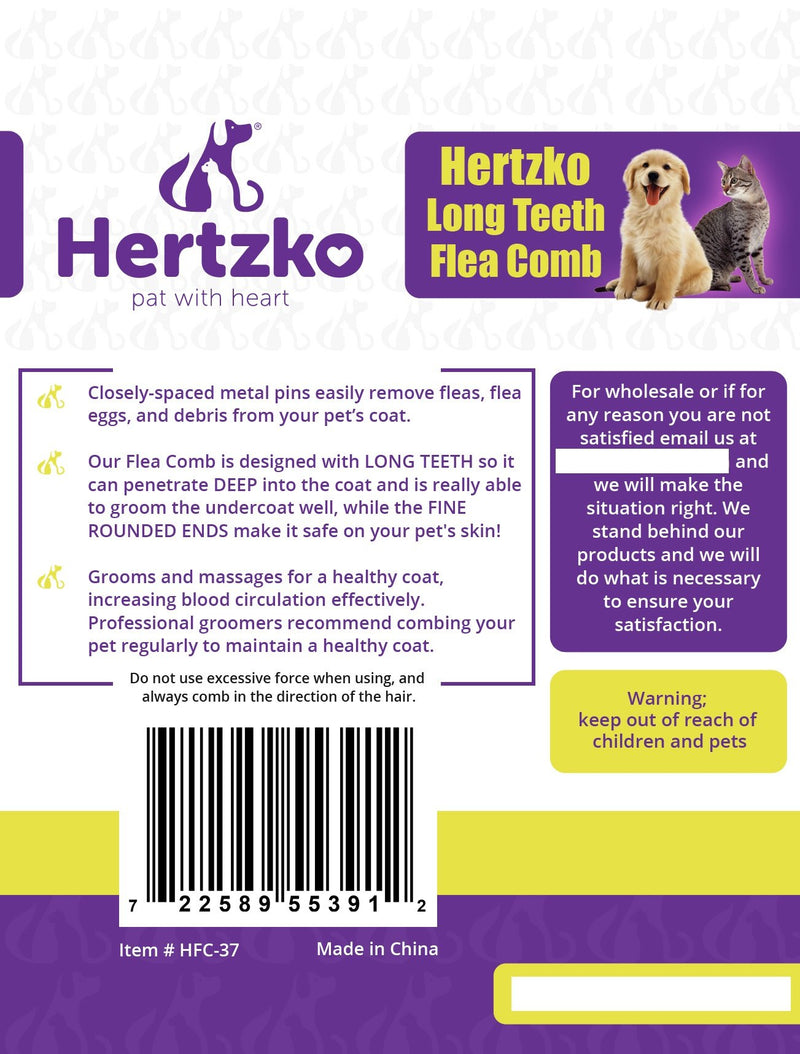 Long Teeth Flea Comb by Hertzko - Closely Spaced Metal Pins Removes Fleas, Flea Eggs and Debris, from Your Pet’s Coat - 25mm Long Metal Teeth are Great for Long Hair Areas on Dogs and Cats - PawsPlanet Australia