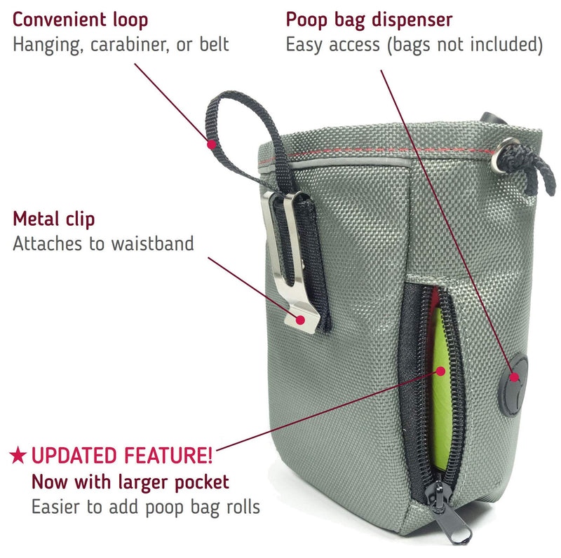 [Australia] - Leashboss Dog Treat Pouch for Training with Poop Bag Dispenser, Waist Attachment or Belt Loop Grey/Red/Black Standard 