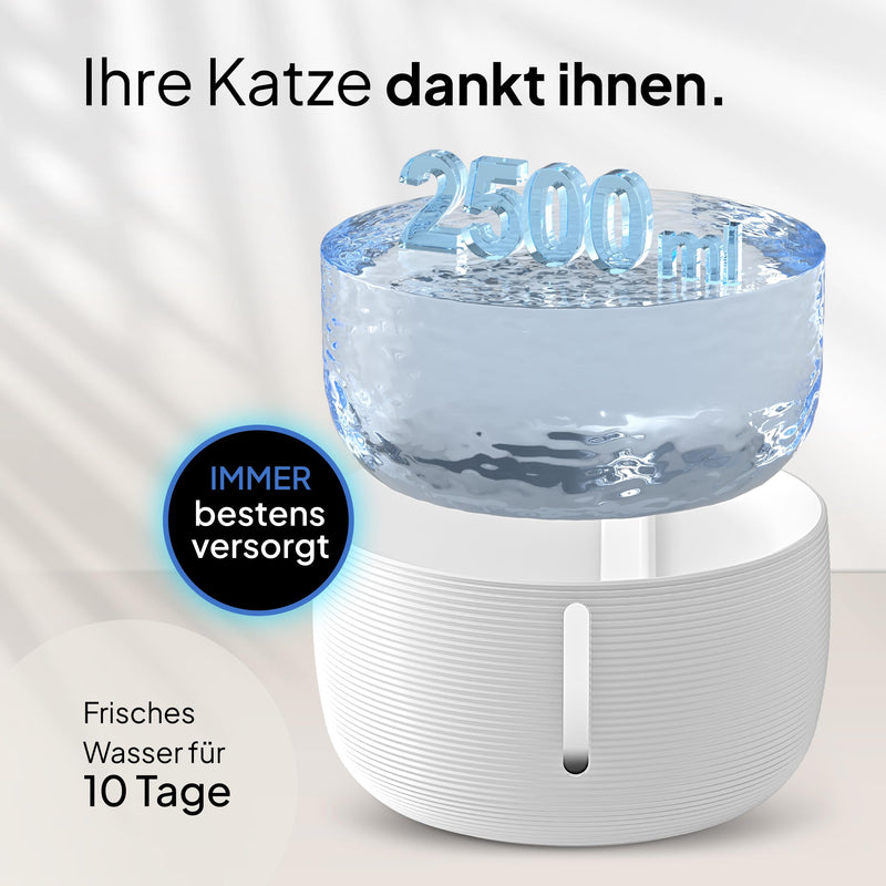 Pretty Paw© cat fountain [NEW INTRODUCTION] Super quiet, BPA-free 2.5L drinking fountain for cats with LED and activated carbon filter I Easy to clean cat drinking fountain I KatzenOase Pro white - PawsPlanet Australia