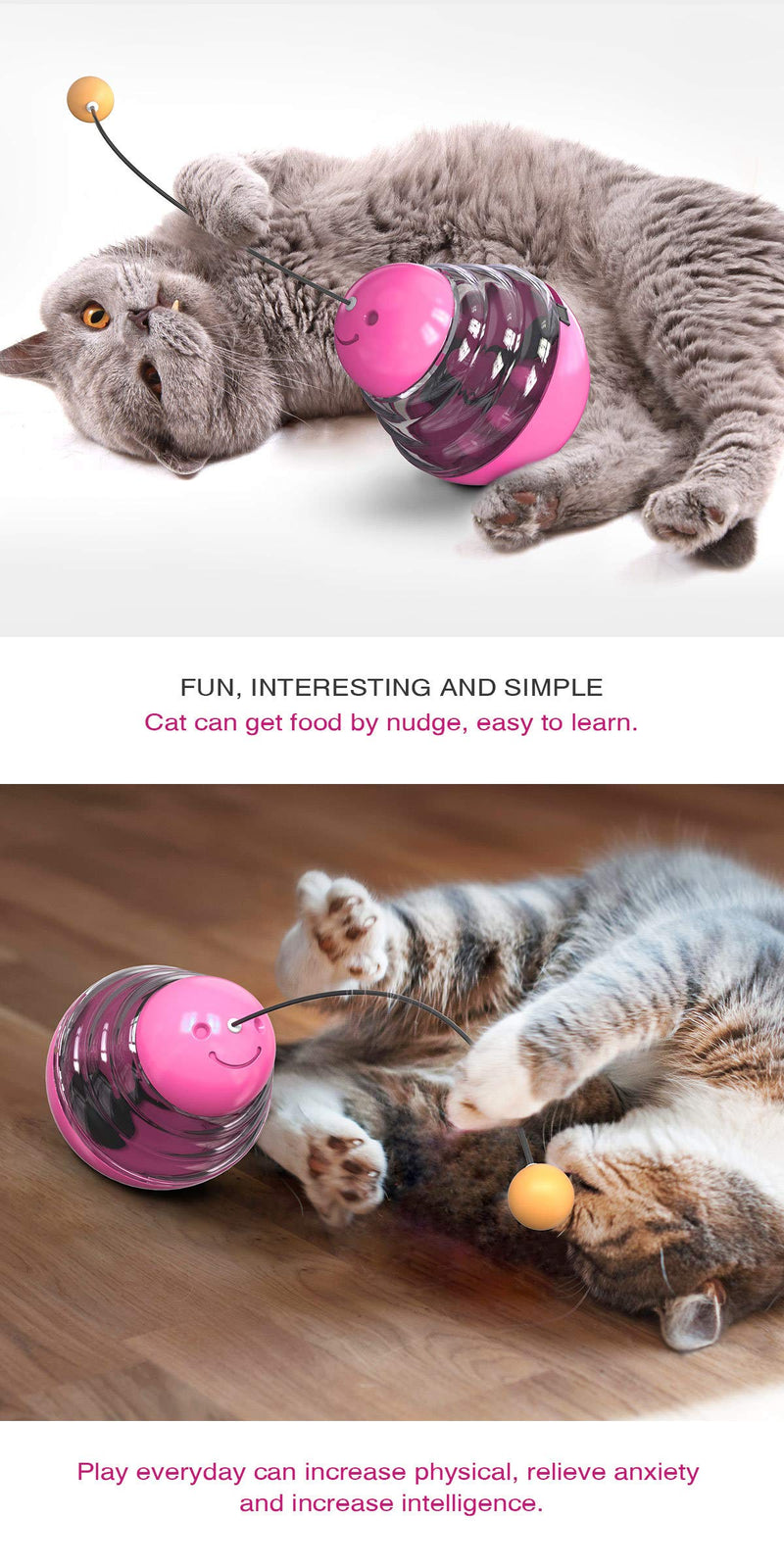 [Australia] - Interactive Treat Dispensing Cat Toy – Tumbler – Teasing Stick with Ball – Kitten Toy Pink 