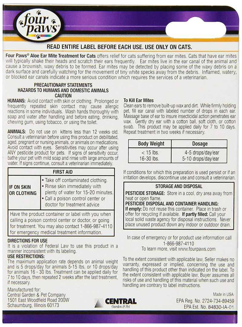 Four Paws Cat Ear Mite Remedy, 0.75oz Each (3 Pack) - PawsPlanet Australia