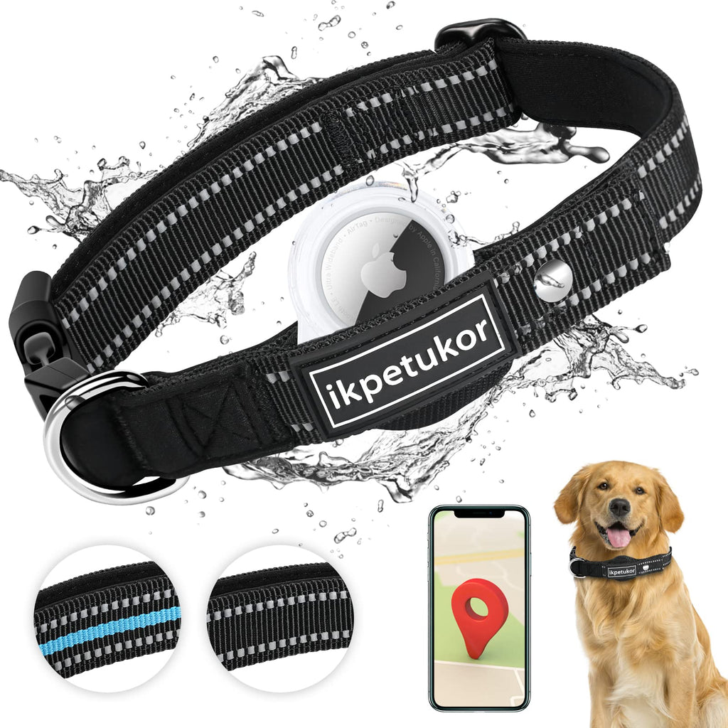 AirTag Dog Collar,IP68 Waterproof Case AirTag Dog Collar,Triple Anti-Lost,Wear-Resistant and Anti-Collision AirTag Collars,Reflective AirTag Pet Collar(Black-M) Black Medium - PawsPlanet Australia