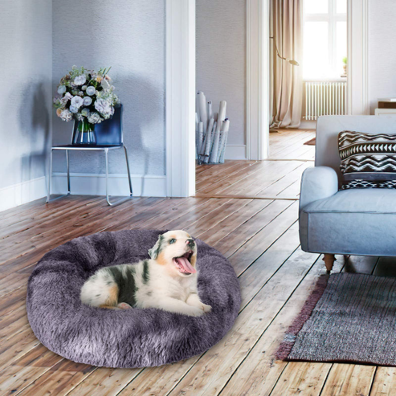 JOEJOY Calming Dog Bed Donut Cuddler, 16/20/23/30inch Round Pet Cat Bed Faux Fur Anti-Anxiety Machine Washable Fluffy Orthopedic Puppy Bed Muti-Color for Small Medium Dogs and Cats 16 inch (Outer Dia) Gray - PawsPlanet Australia