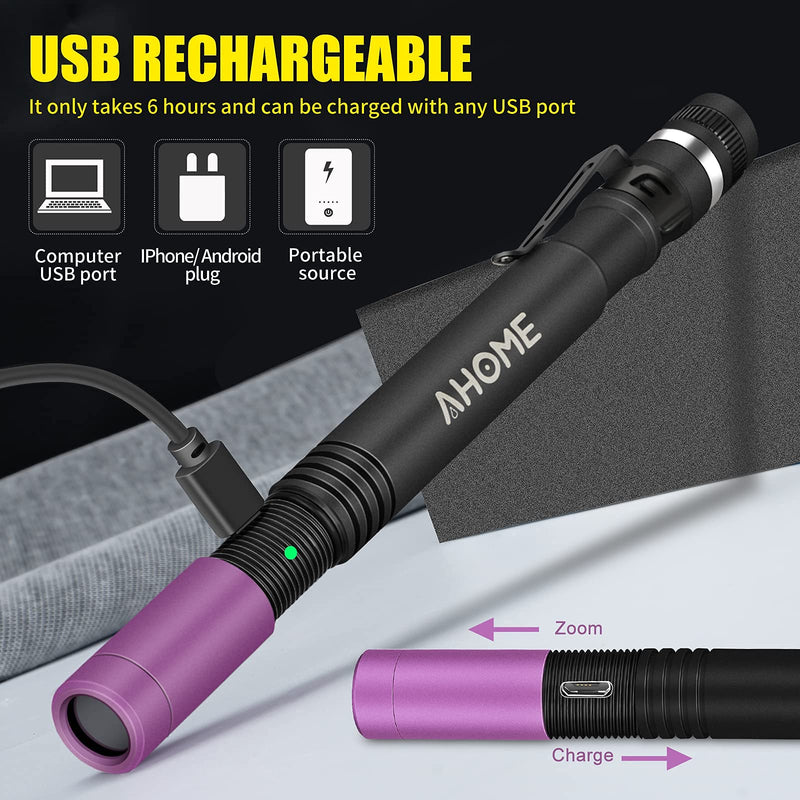 AHOME P2 USB Rechargeable Pen UV Torch, 365nm Blacklight LED Pocket Penlight, Pet Urine Detector, IPX5 Water-Resistant, 1000mAh NiMH Battery ×2 Included, 2 Modes (High, Low) - PawsPlanet Australia