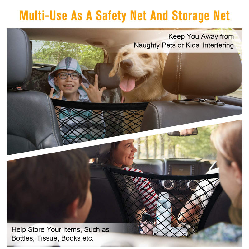 rabbitgoo Dog Car Net Barrier,13.98" × 15.55", Metal Hooks & Stretchable Mesh Obstacle, Back Seat Net Organizer, Design for Pet Disturb Stopper & Storage Pouch, Drive Safely with Children & Pets - PawsPlanet Australia