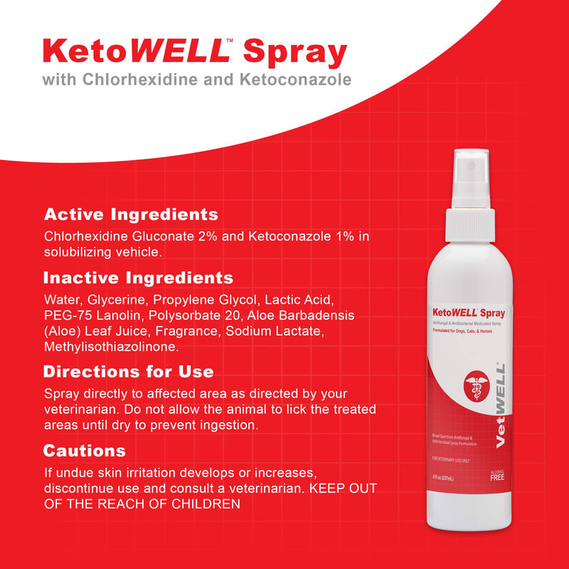 KetoWELL Chlorhexidine & Ketoconazole Medicated Spray for Dogs & Cats - Hot Spot Treatment, Skin Infections and Conditions, Acne - Aloe & Vitamin E - 8 oz - PawsPlanet Australia