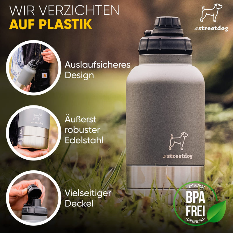 #streetdog Stainless steel dog bottle 3 in 1 with travel bowls, double-walled dog drinking bottle for on the go BPA-free - PawsPlanet Australia