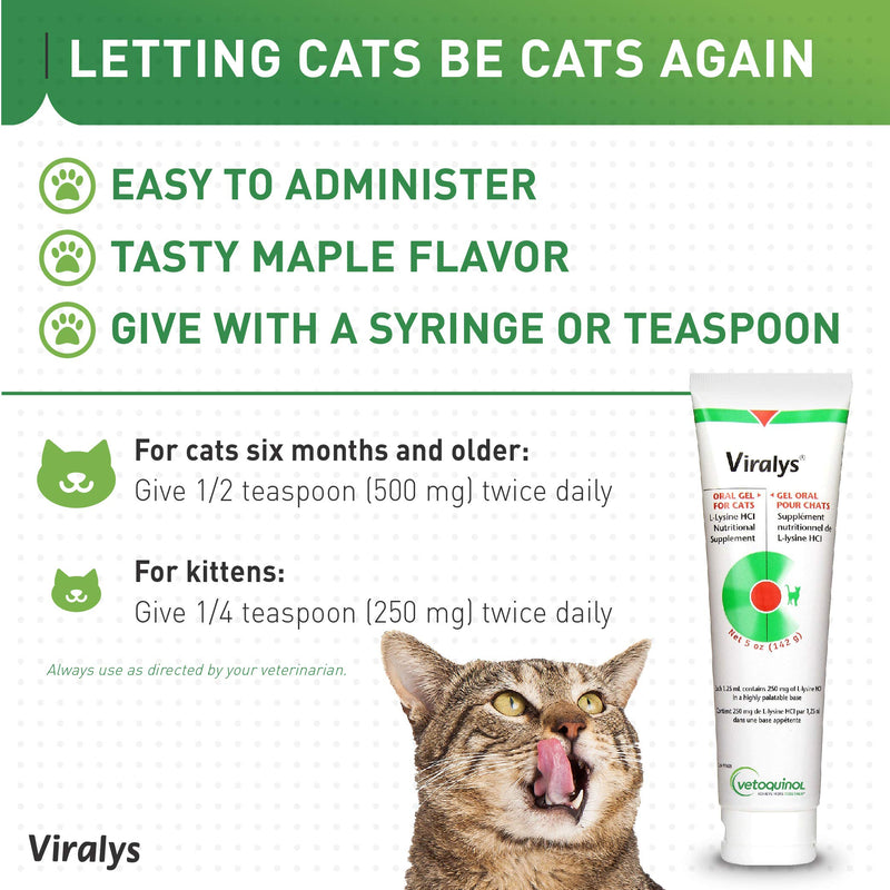 Vetoquinol Viralys Gel L-Lysine Supplement for Cats, 5oz - Cats & Kittens of All Ages - Immune Health - Sneezing, Runny Nose, Squinting, Watery Eyes - Palatable Maple Flavor Lysine Gel 5 Ounce (Pack of 2) - PawsPlanet Australia