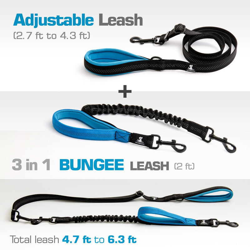 [Australia] - SparklyPets Adjustable Leash 3 in 1 Shock-Absorbing Bungee Extension Set – Heavy Duty Dog Leash Medium Large Breeds Made from Durable Nylon – Reduces Pulling Shocks Prevents Injuries Blue 