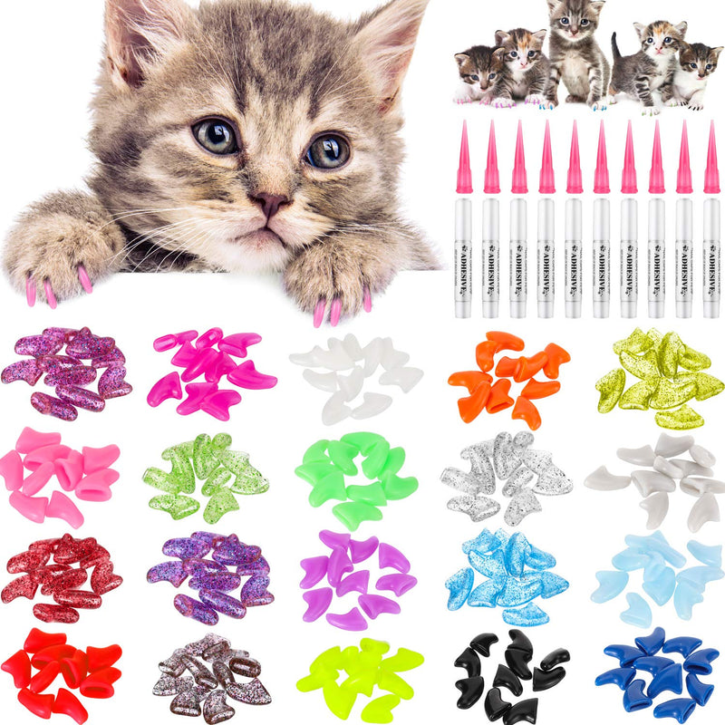 WILLBOND Pack of 200 Colorful Cat Nail Caps Soft Cat Nail Claw Covers with 10 Adhesive Glues and 10 Applicators with Instructions for Pet Cats - PawsPlanet Australia