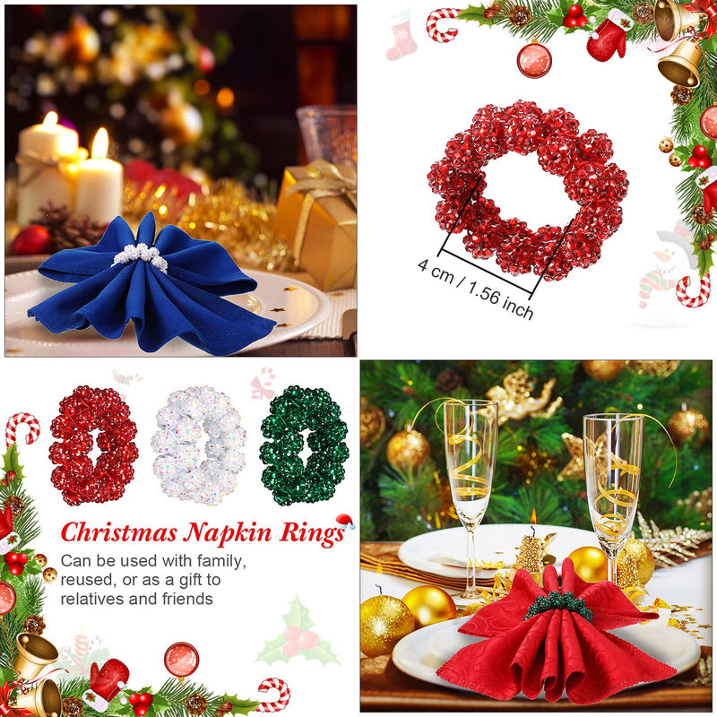 6 Pieces Christmas Handmade Beaded Napkin Rings Crystal Rhinestone Ring Napkin Holders Exquisite Alloy Table Decoration Napkin Rings for Wedding Party Dinner Table Settings, White, Green, Red - PawsPlanet Australia