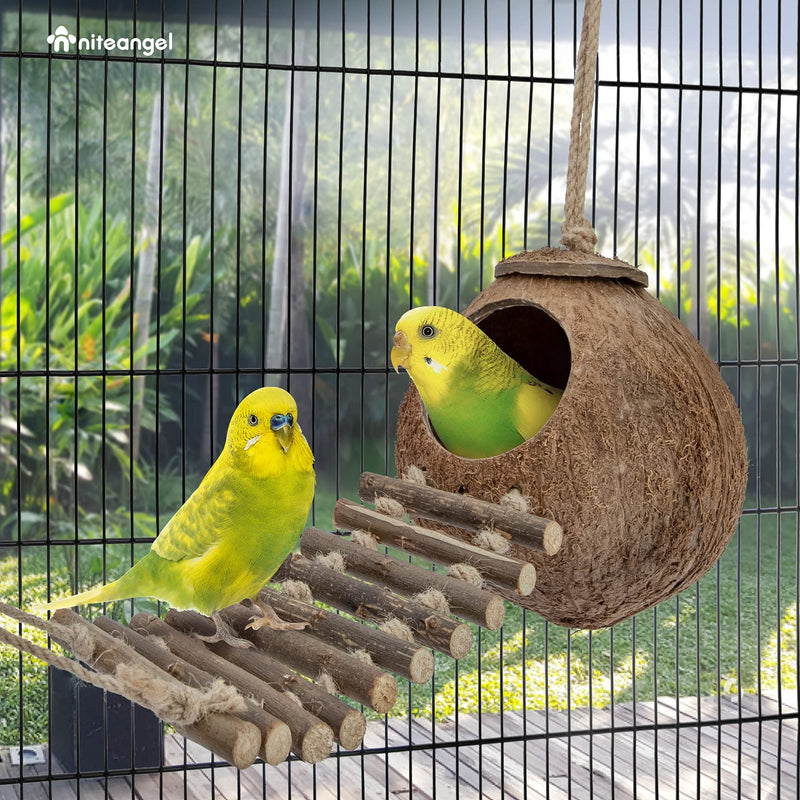 Niteangel 100% Natural Coconut Hideaway with Ladder, Bird and Small Animal Toy House with Ladder Natural Surface - PawsPlanet Australia