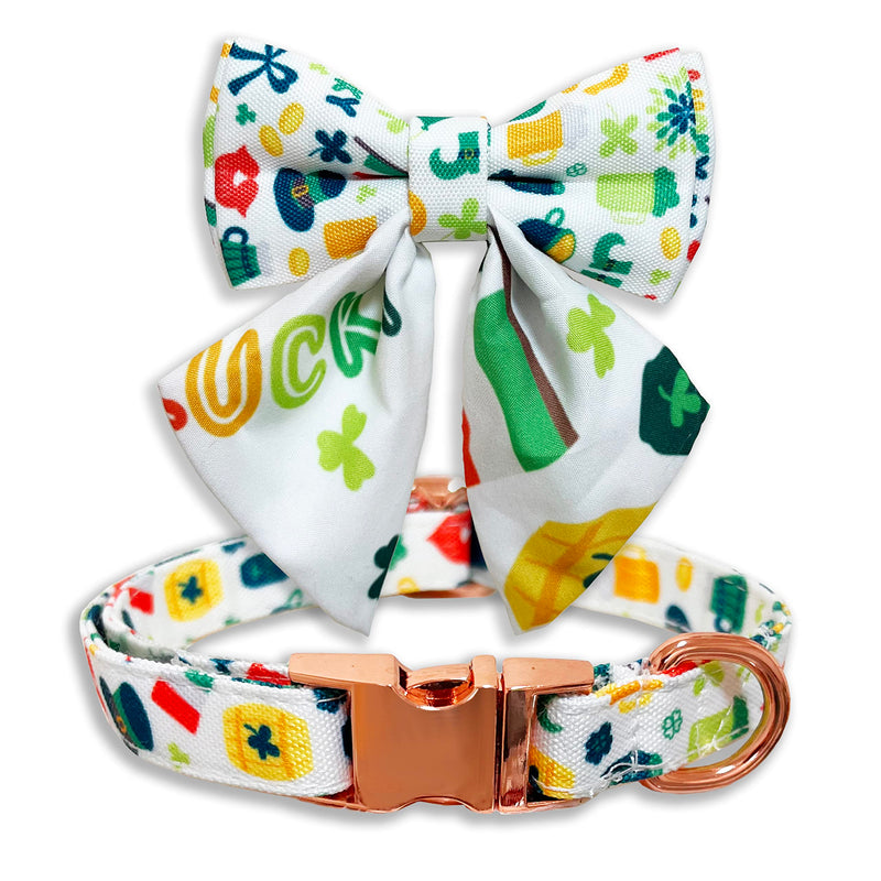 St.Patrick's Day Dog Collar with Bow Tie, Irish Shamrock Clover Collar for Boys and Girls Small Medium Large Pets Puppies St.Patrick's day Large-(16-27") Neck * 1" Wide - PawsPlanet Australia