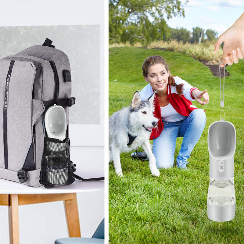 QGKJ Multifunctional Outdoor Dog Water Bottle Leak Proof Portable Puppy Water Bottle Dispenser for Walking Traveling Hiking Bowl for Dogs and Cats Water Bottle (Silver/258ML) Silver/258ML - PawsPlanet Australia