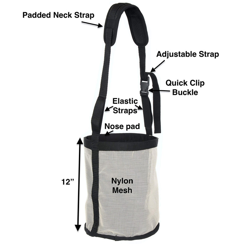 Majestic Ally Horse Feed Bag, Heavy Duty Nylon Mesh Grain Feed Bag, Adjustable Strap with Durable Snap and Elastic Straps, Comfort Neck Pad and Nose Pad- Large Beige - PawsPlanet Australia