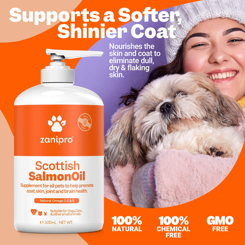 Zanipro Pure Scottish Salmon Oil for Dogs & Cats - UK Made - 100% Natural Omega 3, 6 and 9 Fish Oil Food Supplement - For Healthy Coat, Itchy Skin, Brain, Joint and Immunity (500 ml) - PawsPlanet Australia