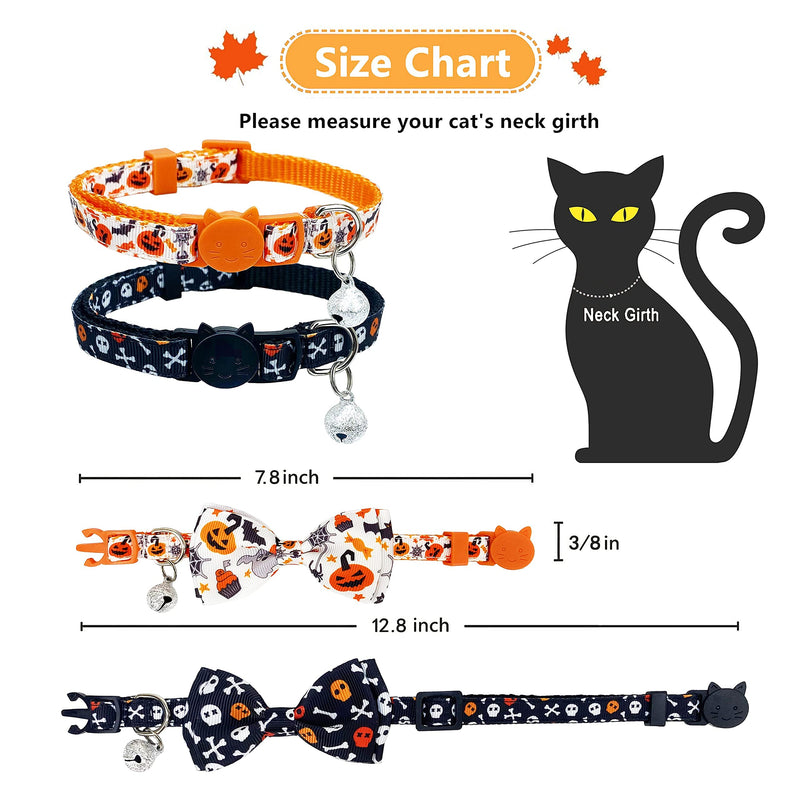 Pohshido 2 Pack Halloween Cat Bowtie Collar with Bell, Holiday Jack-O-Lantern and Candycorn Collar for Kitty Kittern Male Female Cats Jack-O-Lantern/Skeleton Dance - PawsPlanet Australia