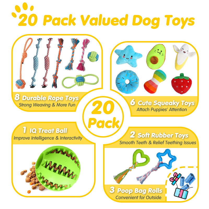 Zeaxuie 20 Pack Luxury Dog Chew Toys for Puppy, Cute Small Dog Toys with Ropes Puppy Chew Toys, IQ Ball and Squeaky Puppy Toys for Teething - PawsPlanet Australia