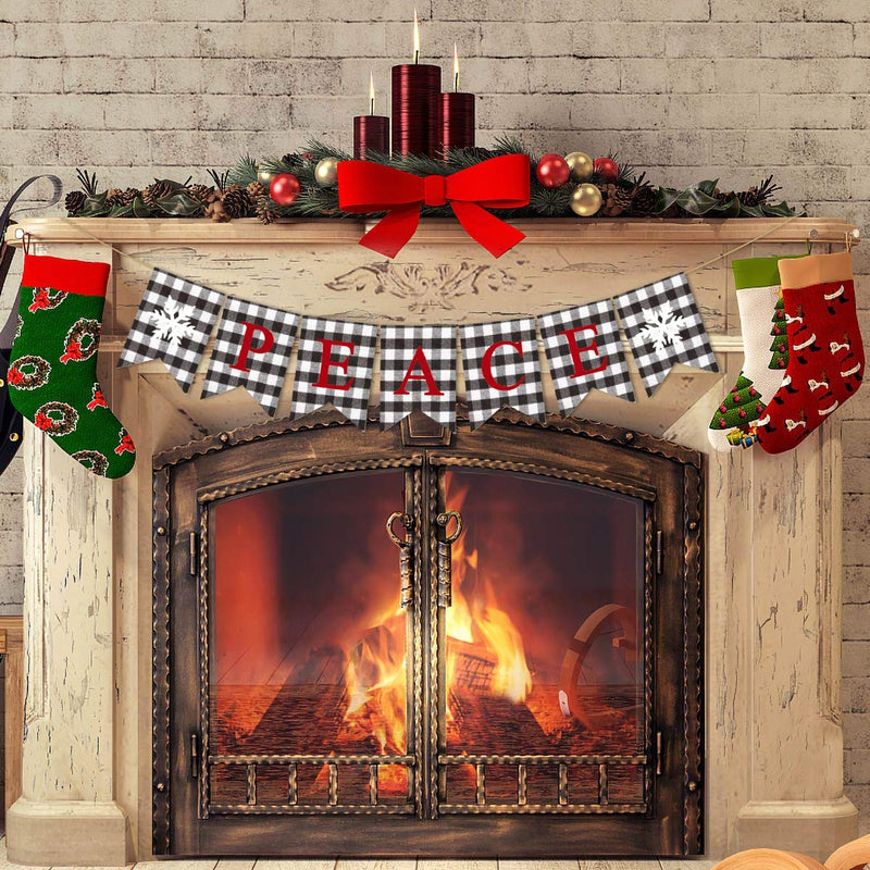 Rainlemon Peace Banner Buffalo Check Plaid Christmas Rustic Winter Farmhouse Mantle Fireplace Decoration - PawsPlanet Australia