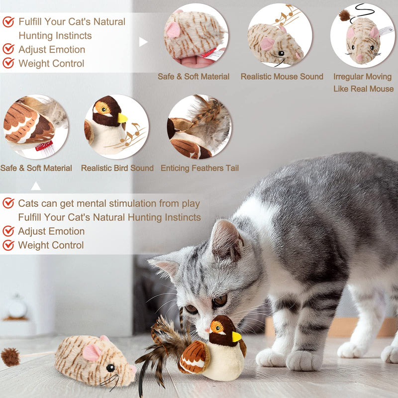 2 Pack Interactive Cat Toy Chirping Bird and Automatic Moving Mouse, Cat Toy for Indoor Cats with Soft Plush Interactive Cat Toy with Real Animal Sound - PawsPlanet Australia