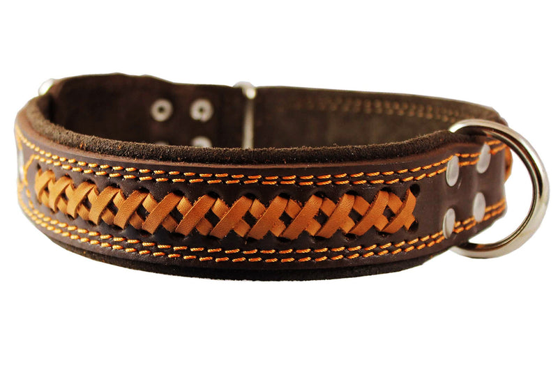 [Australia] - Genuine Leather Braided Dog Collar, Brown 1.5" Wide. Fits 17"-22" Neck. 