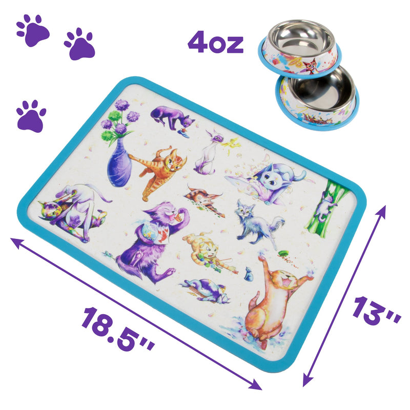 [Australia] - Weebo Pets 3-in-1 Cat Food & Water Bowls with Mat Set - Cat Tales: Cat-titude Premium 4 oz. Stainless Steel Dishes with Food-Grade Silicone Feeding/Litter Box Mat 