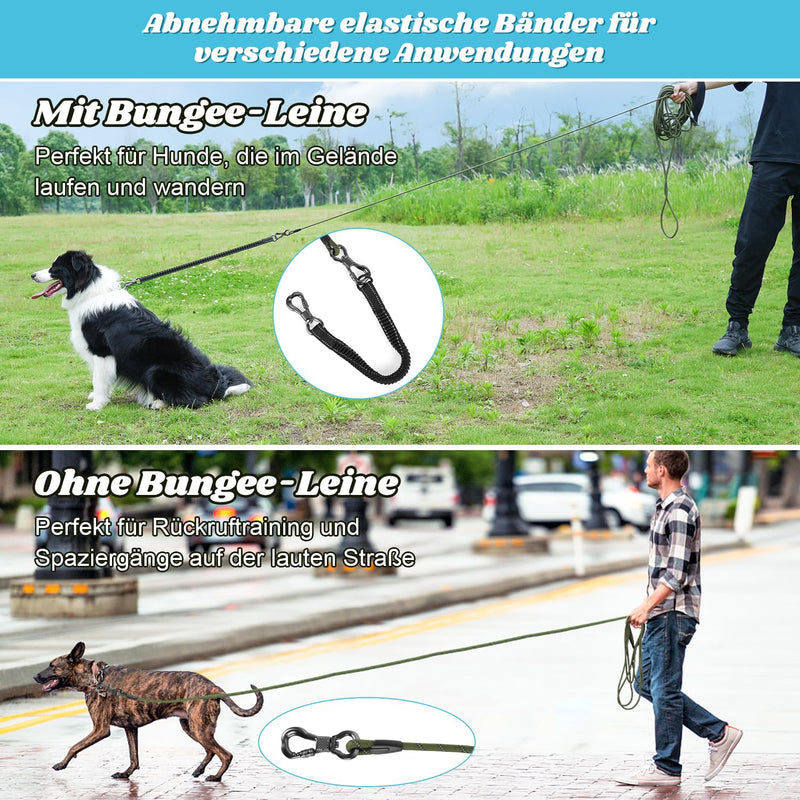 Aystkniet Bungee Tow Leash for Dogs 3M 4.5M 5M 6M 9M 10M 12M 15M 20M 30M, Shock-Absorbing Dog Leash with Padded Handle Reflective Threads Lockable Hook for Medium Large Dogs 20M × 8MM Army Green - PawsPlanet Australia