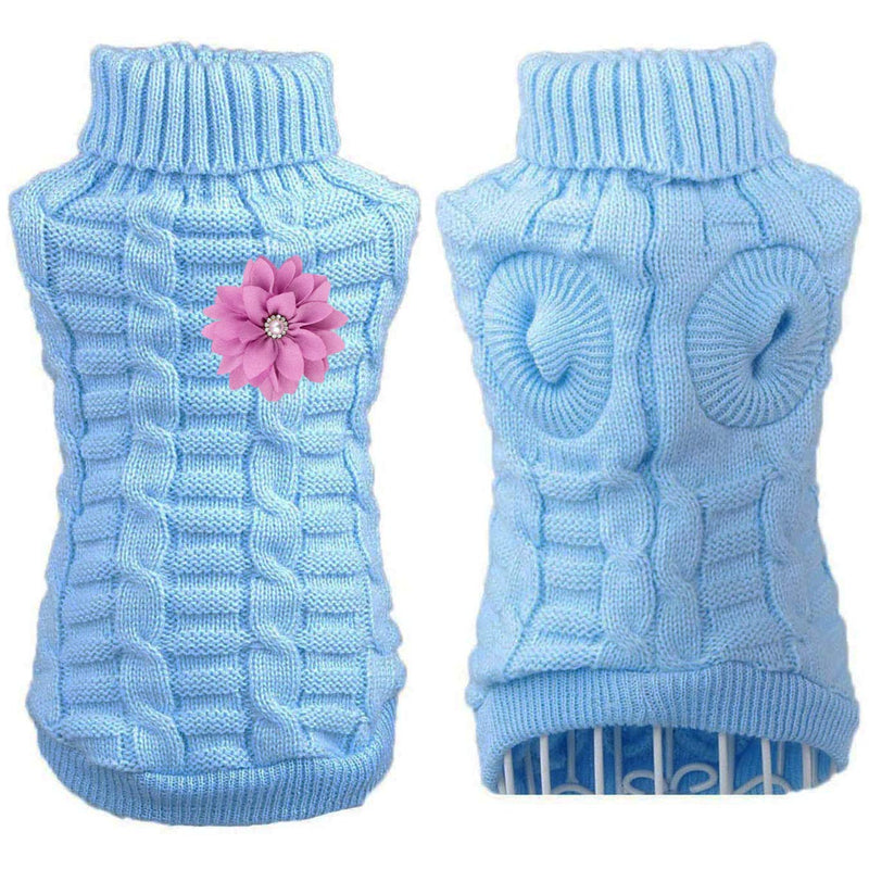 Aillion Cat Dog Sweater for Cats and Small Dogs, Warm Soft Cat Dog Turtleneck Braid Plait Knitwear with Fabric Flower Clip Decor XS Blue - PawsPlanet Australia