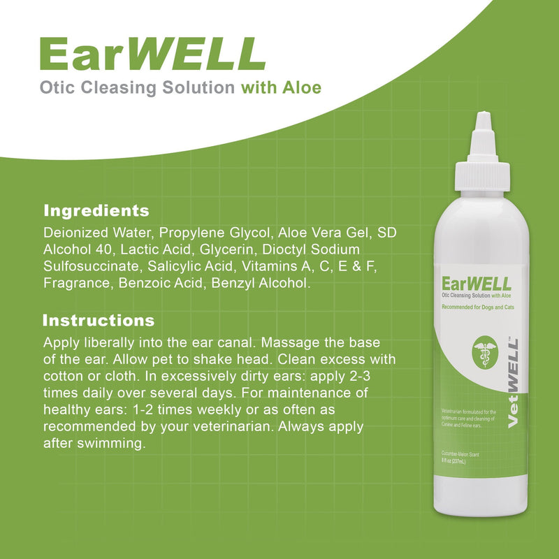 VetWELL Ear Cleaner for Dogs and Cats - Otic Rinse for Infections and Controlling Ear Infections and Ear Odor in Pets - 8 oz Cucumber Melon - PawsPlanet Australia