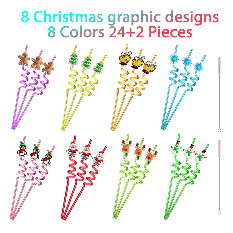 24 Christmas Party Favors Xmas Drinking Straws Goodie Gifts for Kids Christmas Party Supplies with 2 PCS Cleaning Brushes - PawsPlanet Australia