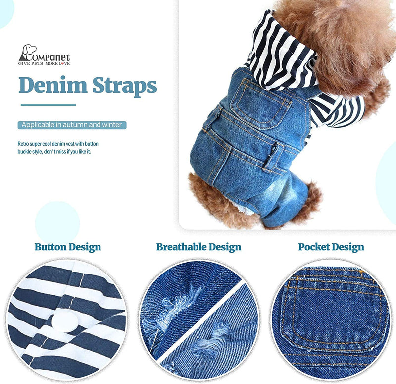 Companet Pet Clothes Pet Denim Dog Jeans Jumpsuit Overall Strip Hoodie Coat Small Medium Dogs Cats Classic Jacket Puppy Blue Vintage Washed X-Small - PawsPlanet Australia
