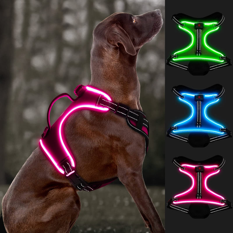 Bpawser Light Up Dog Harness LED Dog Harness No-Pull with Handle Rechargeable Lighted Dog Vest Harness Dog Harness for X-Small Small Medium Large X-Large Size (Pink,L) L Pink - PawsPlanet Australia