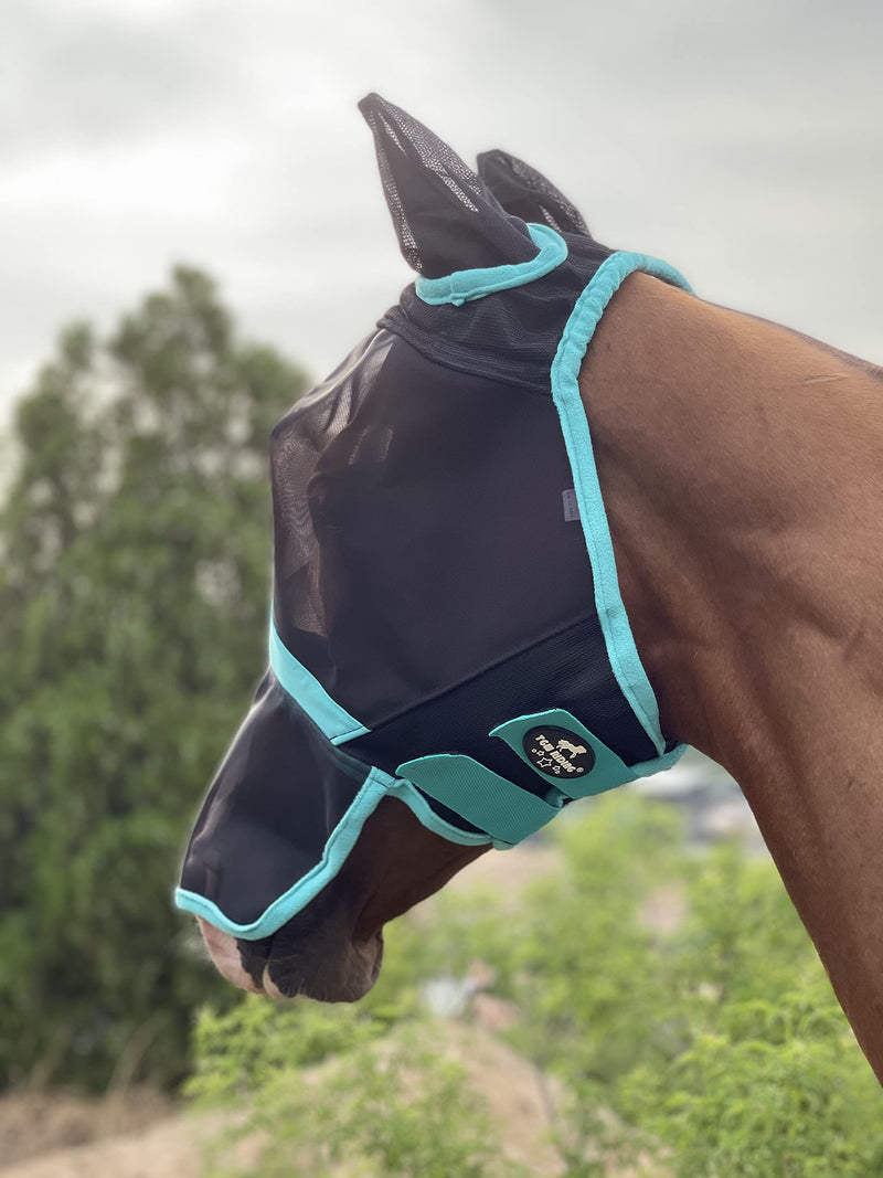 TGW RIDING Horse Mask Full Face Mesh Fly Mask Fine Mesh with Ears and Long Nose (Warmblood, Black/Turquoise) - PawsPlanet Australia