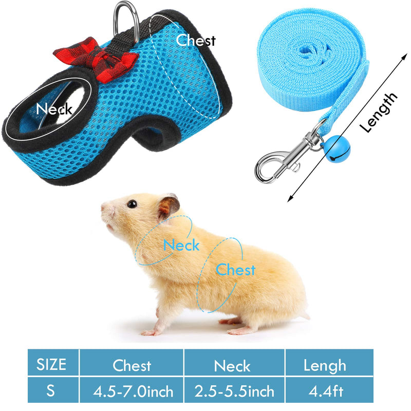 [Australia] - SATINIOR 2 Pieces Soft Small Pet Harness Pet Walking Vest with Bowknot Bell Breathable Puppy Harness Nylon Pet Leash Vest Set for Bunny, Ferret, Rats, Iguana, Hamster S Blue, Black 