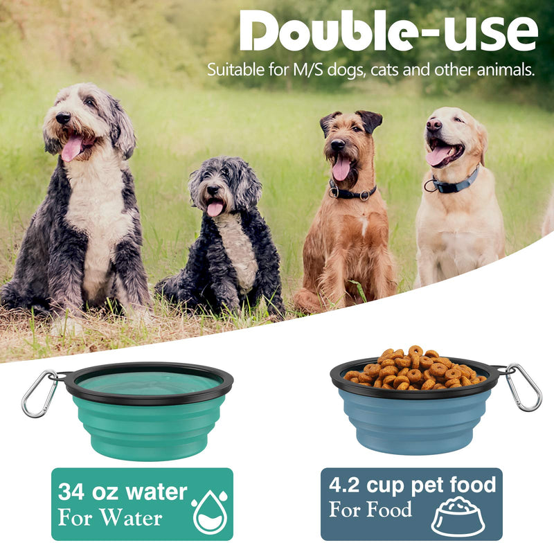 VavoPaw Collapsible Dog Bowl, 2-Pack 1000ML Silicone Feeding Watering Travel Bowl for Dog & Cat with Lids, Portable Pet Food Feeder Water Bowl for Travel Camping Walking, Lake Blue+Turquoise Green 1 l (Pack of 1) - PawsPlanet Australia